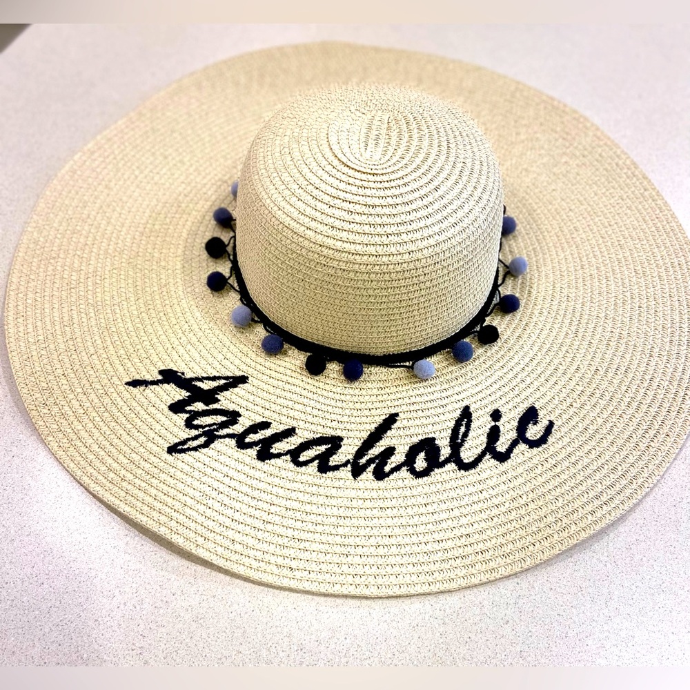 Straw beach hat embroidered Aquaholic tan🏖️🌊👙☀️